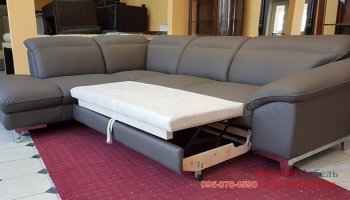 Кожаный угловой диван раскладной + пуф