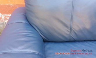 Синий кожаный угловой диван 